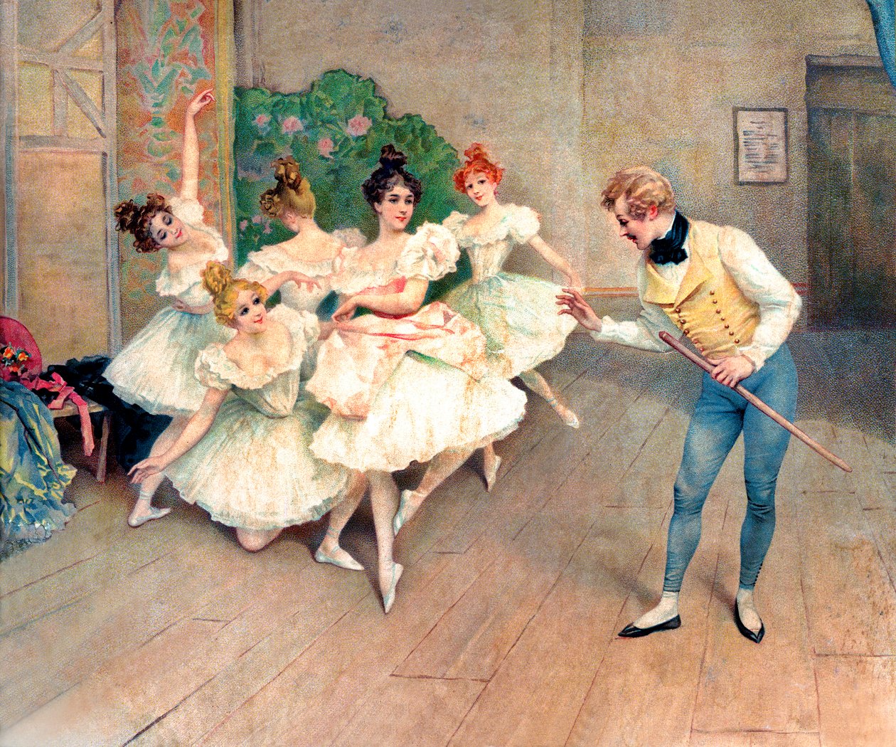 Ensaio de um espectáculo, professor e bailarinas nos bastidores de Alec Hunter