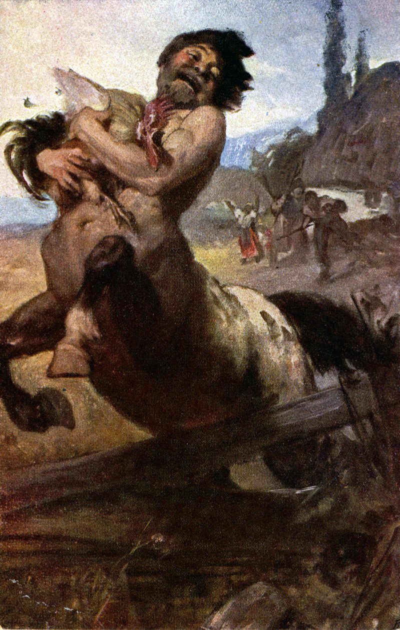 Religião. Mitologia Grega. Um ladrão centauro. llustração de Gyula Benczur, Hungria, c.1910 Coll. Parte. (cartão postal) de Unbekannter Künstler