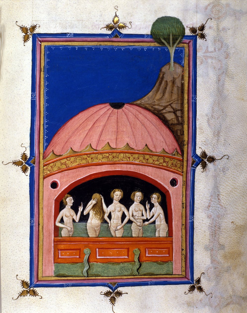 Representação das termas Página do manuscrito "De Balneis Puteolanis" (As termas de Pozzuoli ou Pozzuoli) de Pietro da Eboli (Ebulo) (ativo por volta de 1196-1220) 1475-1500 de Unbekannter Künstler