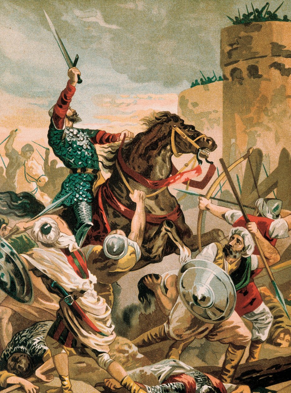 Representação do Cid, Rodrigo Diaz de Vivar (1043-1099), cavaleiro espanhol herói da Reconquista durante o cerco de Valência contra os sarracenos em 1099 de Unbekannter Künstler