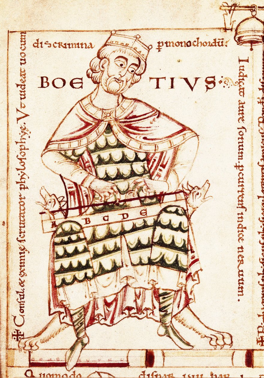 Representação do filósofo latino Boece (Anicius Manlius Severinus Boetius ou Boethius) (480-524) segurando um instrumento musical (estudo musical). Miniatura de um manuscrito de Canterbury. de Unbekannt