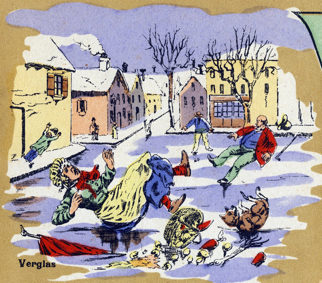 Moradores de uma aldeia a escorregar no gelo no Inverno. Alfabeto ilustrado. Imagens reunidas em Jarville-Nancy, início do século XX. Dimensões: 40 x 29 cm. Litografia sobre um fundo de bistre. de Unbekannt