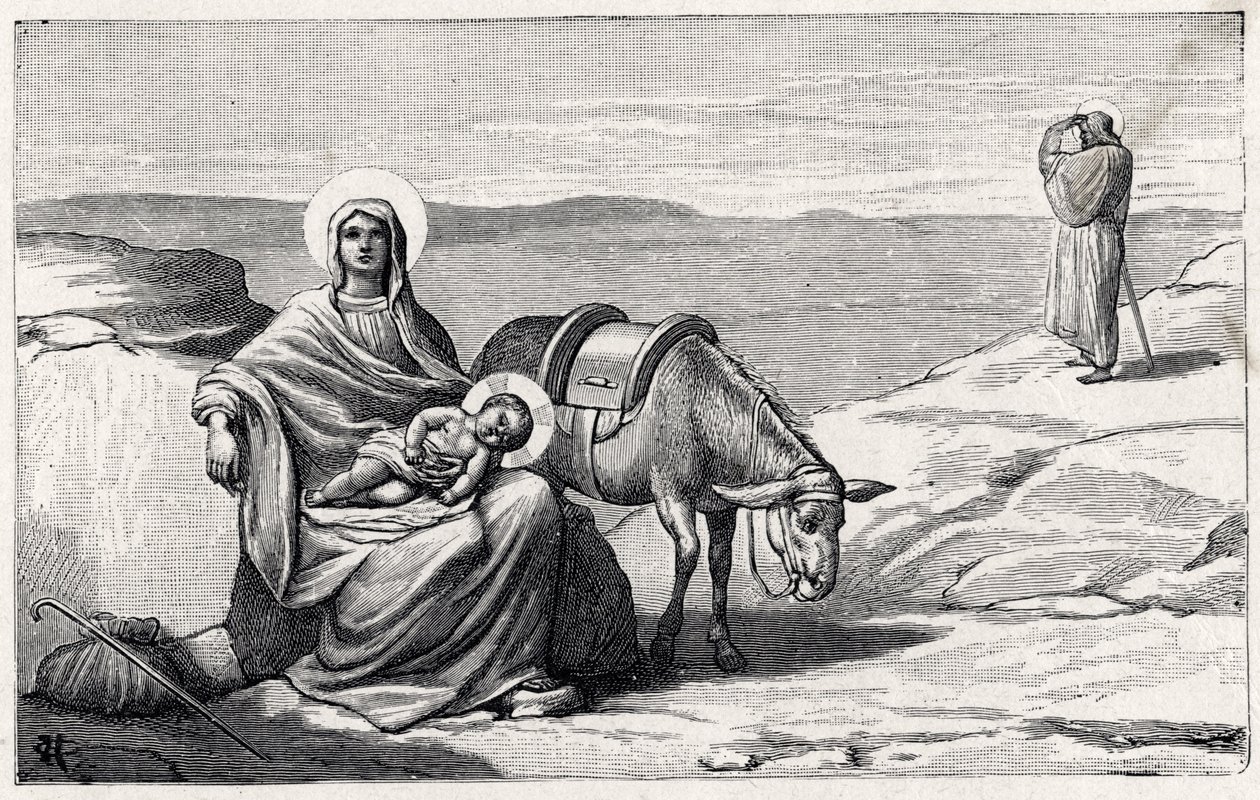 Descanse durante o voo para o Egipto. Alfabeto do menino Jesus. Edição de 1932. Gravuras de madeira assinadas H G. Colecção privada de Unbekannt