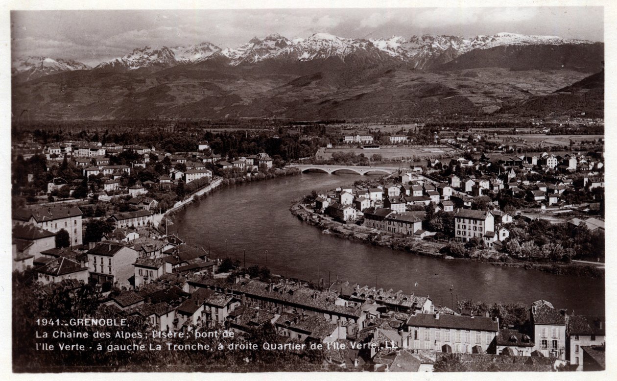 Rhone Alpes, Isere (38), Grenoble: a cadeia dos Alpes, a Isere, a ponte da Ile Verte, à esquerda La Tronche, à direita o distrito da Ile Verte - Cartão postal datado de 1930-1939 de William M. Timlin