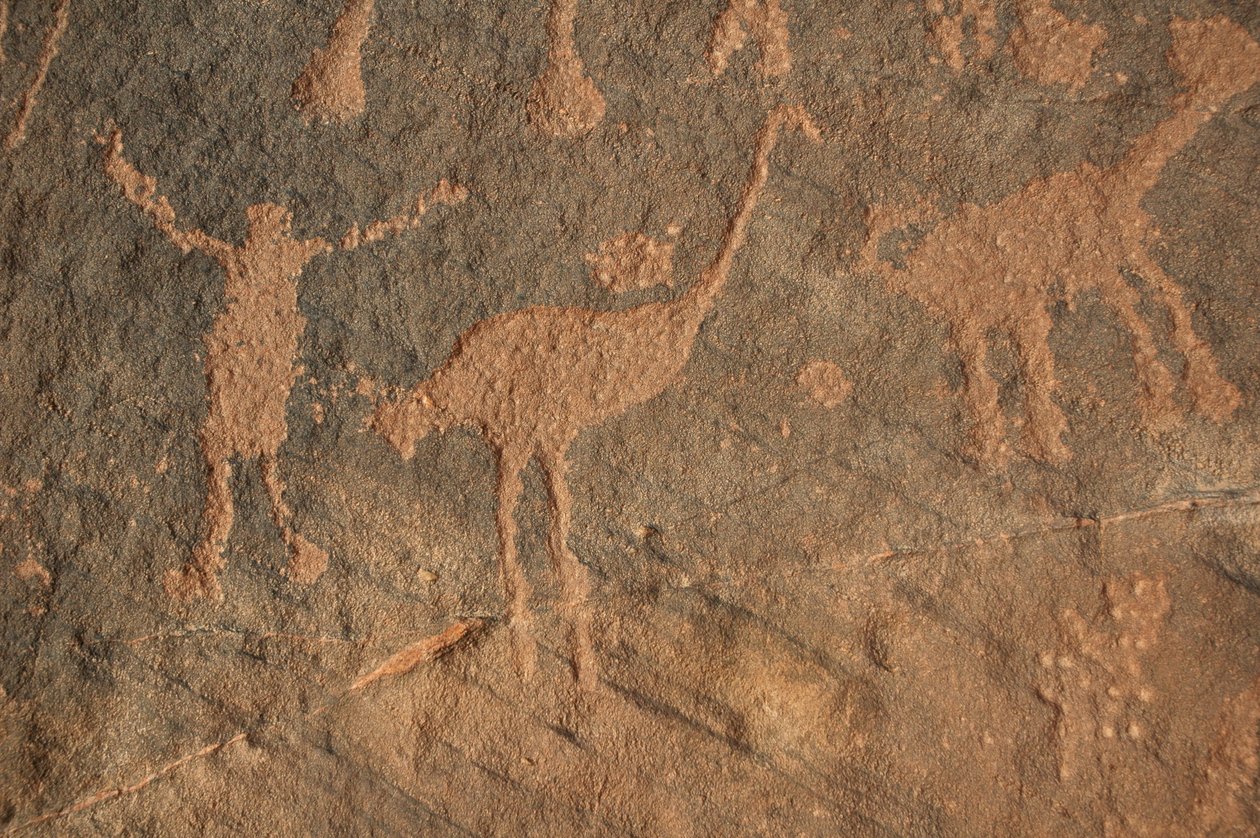 Arte rupestre, Pré-história: Gravura de um personagem e avestruzes no maciço de Uweinat, Sudão (Karkur-Talh ou Karkur Talh). Período de 8000 a 3000 anos antes de Cristo. Fotografia de Unbekannt
