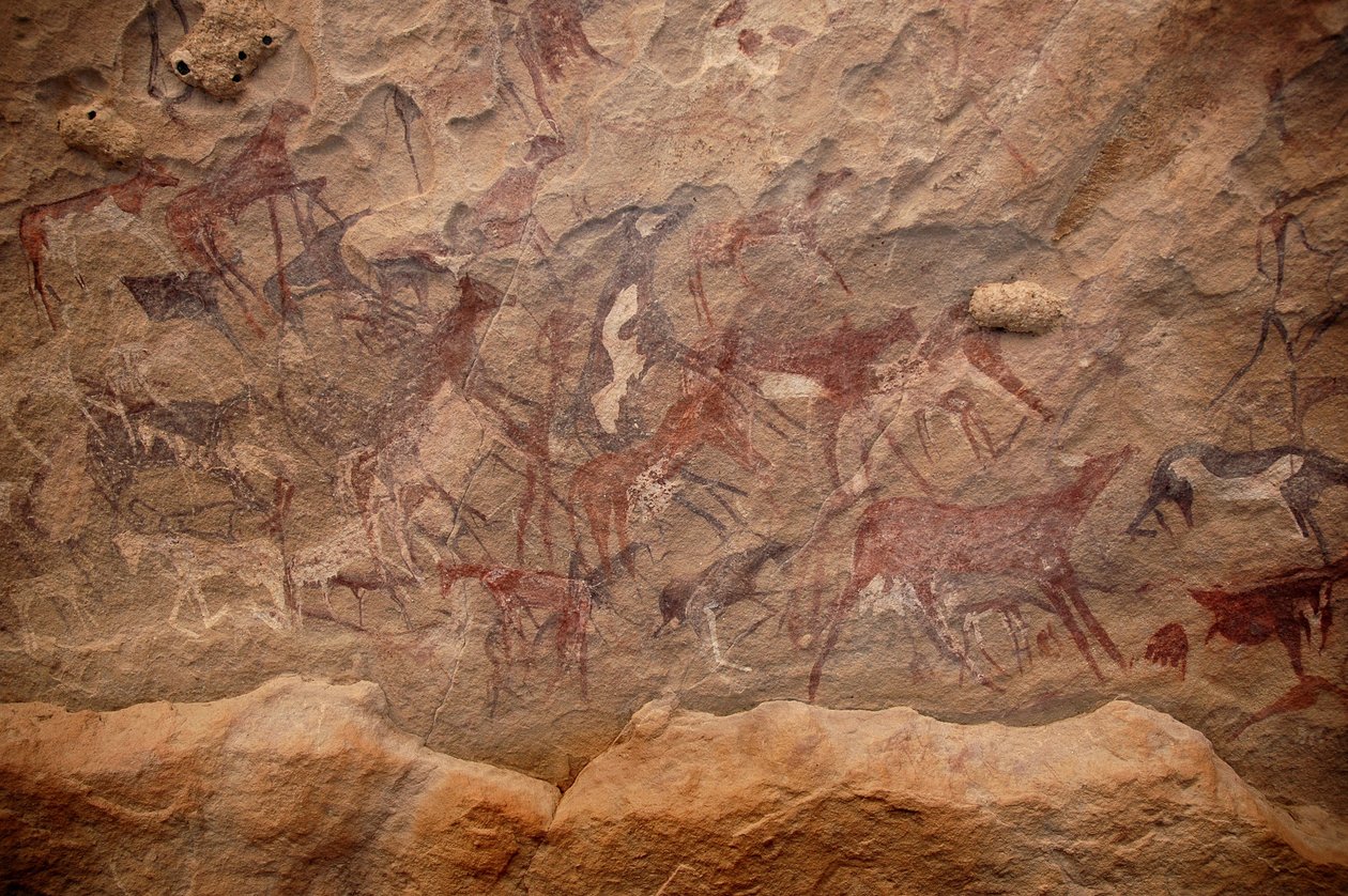 Arte rupestre, Pré-história: Pintura rupestre de um grupo de gado e personagens policromáticas num abrigo ornamentado, no maciço de Uweinat, Sudão. Período de 8000 a 3000 anos antes de Cristo. Fotografia de Unbekannt