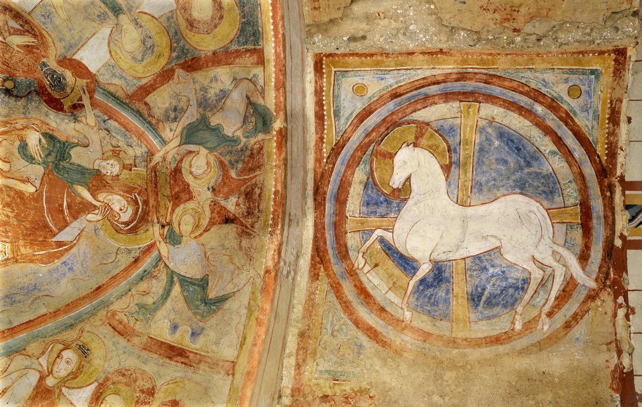 Arte românica: Igreja de Notre Dame em Montmorillon, Vienne, Poitou-Charentes (Poitou Charentes), França, frescos da cripta da Princesa Santa Catarina de Alexandria, o cordeiro do Apocalipse apresentado como um cavalo. Fotografia de Unbekannter Künstler