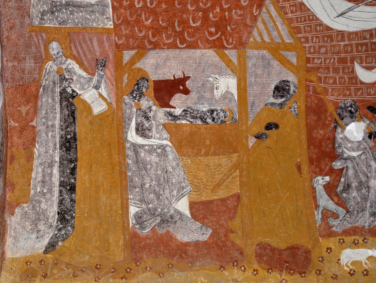 Arte românica: Frescos da capela funerária Sainte Catherine de Jouhet, Vienne, Poitou-Charentes (Poitou Charentes), França. Nativite. Fotografia de Unbekannter Künstler