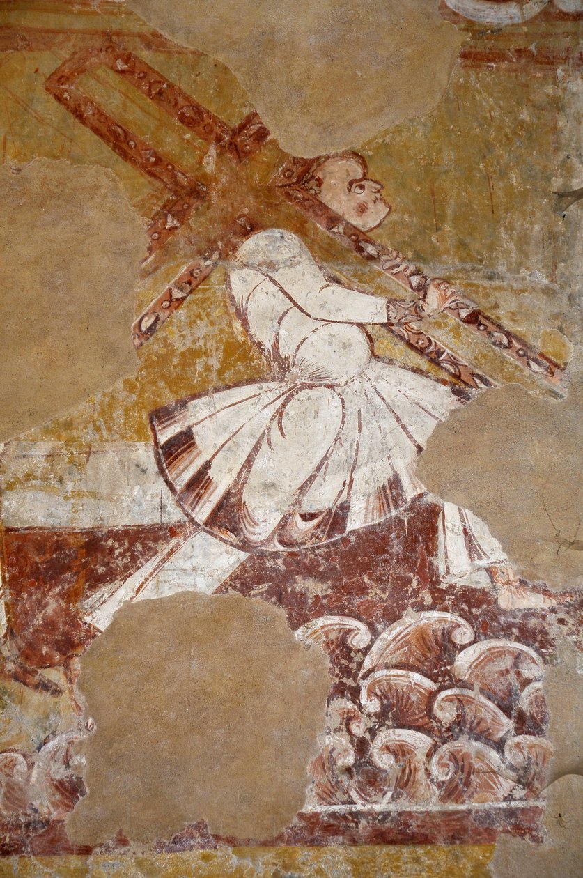 Arte românica: Simão de Cypere carrega a cruz de Cristo. Vista de pormenor dos frescos do coro "A vida de Cristo" (século XIII) da igreja de São Martinho (São Martinho de Unbekannter Künstler
