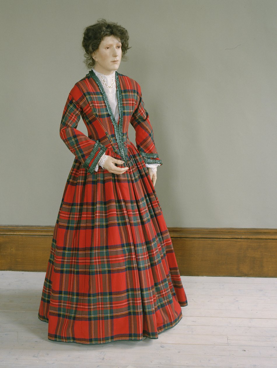 Vestido de lã de tartan Royal Stewart com corte de seda, c.1845-50 de Unbekannt
