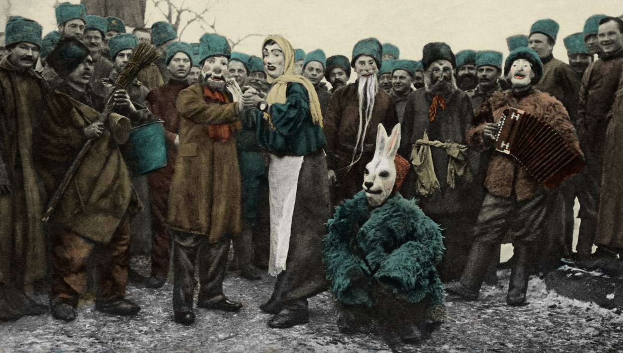 Festa de máscaras dos soldados russos durante a 1.ª Guerra Mundial de Unbekannter Künstler