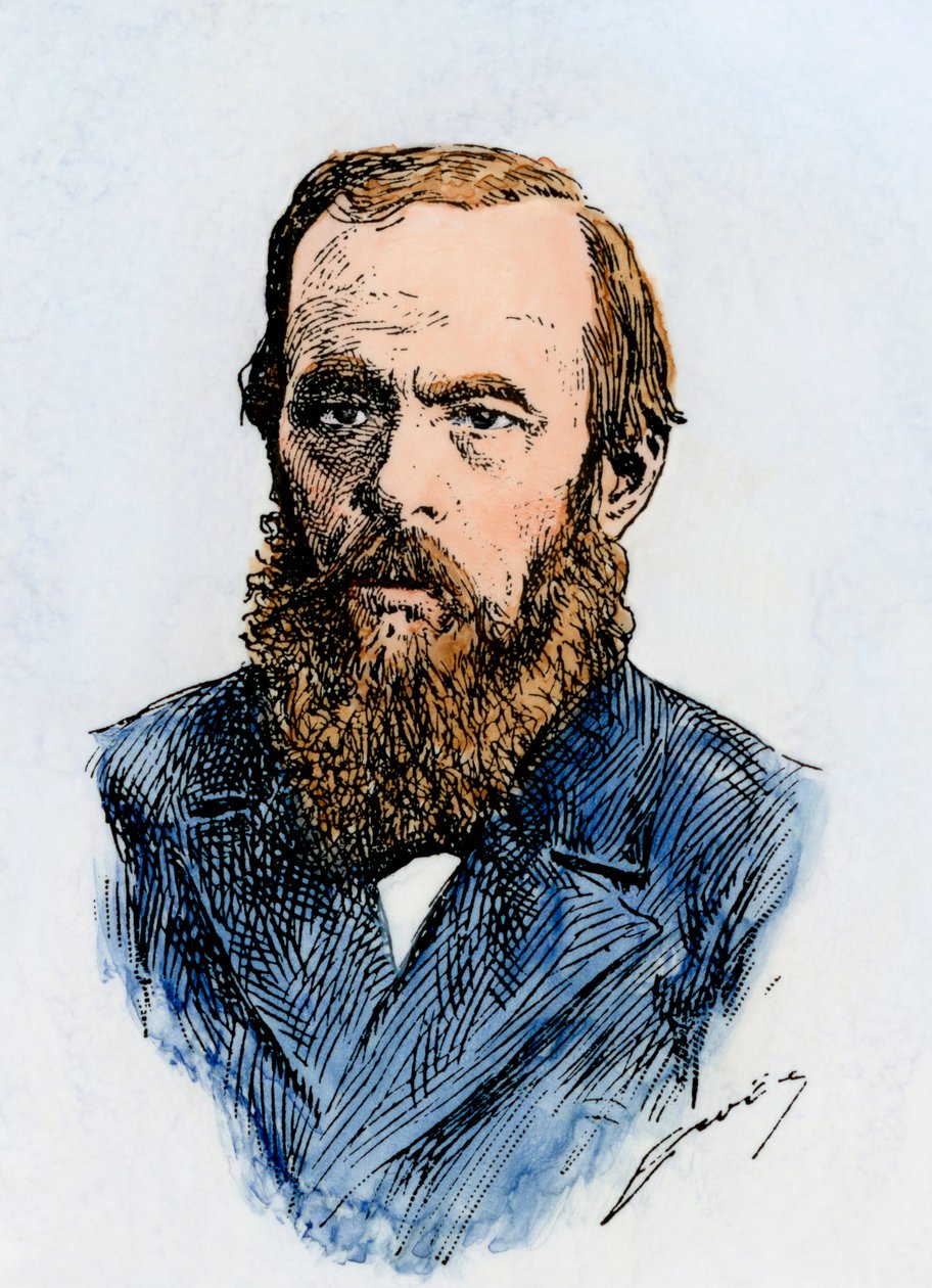 Romancista russo Fyodor Dostoyevsky (1821-1881). Xilogravura colorida à mão de uma ilustração do século XIX de Unbekannter Künstler