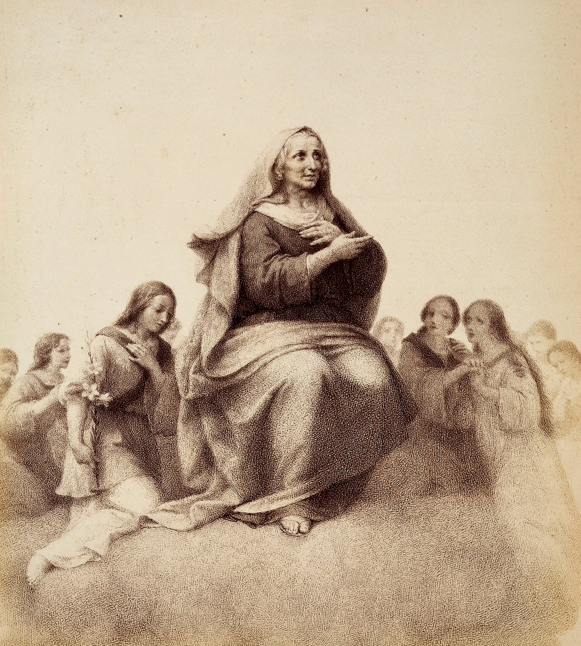 Santa Ana contempla a sua filha com satisfação. Ilustração do Canto XXXII do Paradiso de A Divina Comédia de Dante Alighieri. Obra de Francesco Scaramuzza dedicada ao Município de Florença. de Unbekannter Künstler