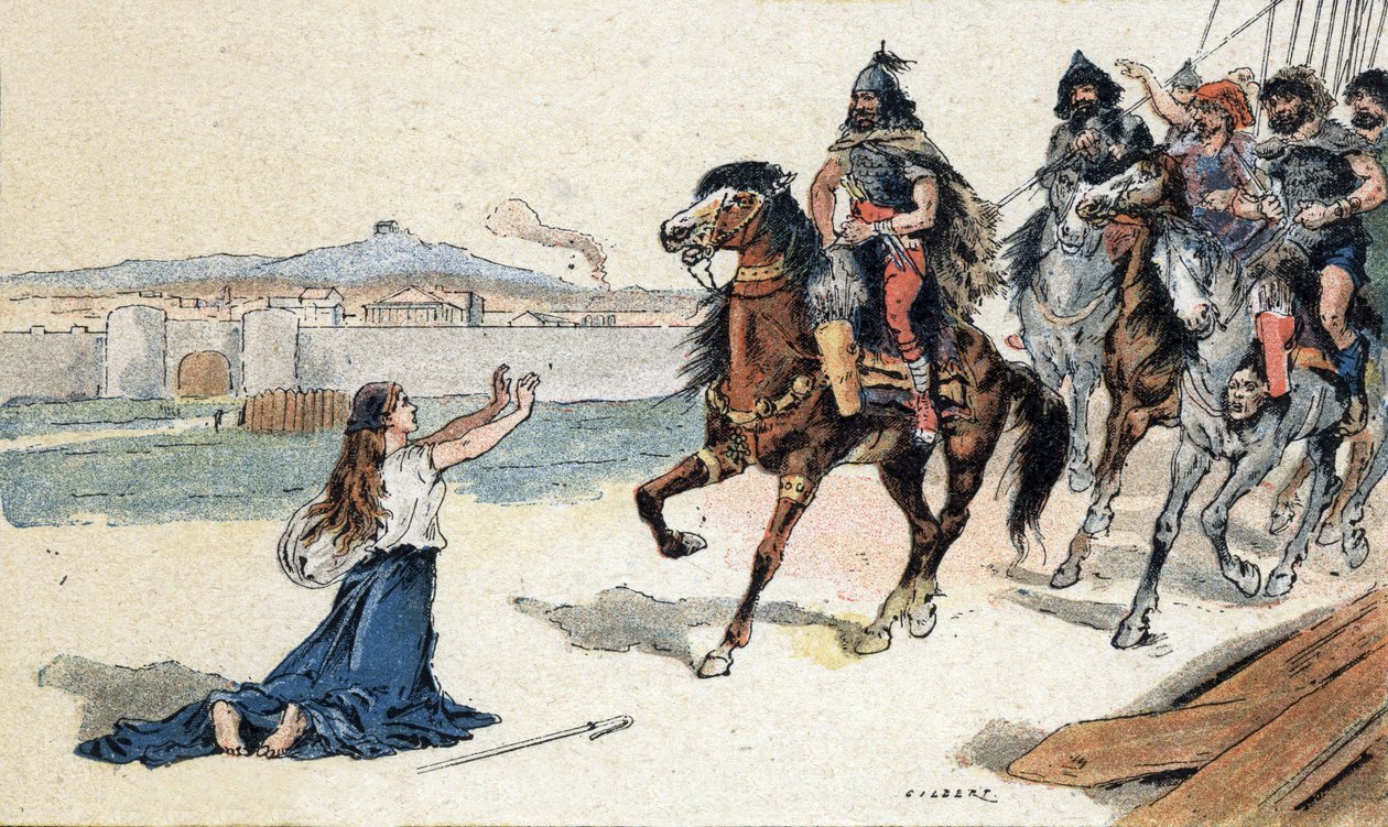 Saint Genevieve (422-502) perante o rei dos hunos Átila - Invasões bárbaras - Ilustração de Camille Gilbert de 1890 (gravura) de Unbekannt