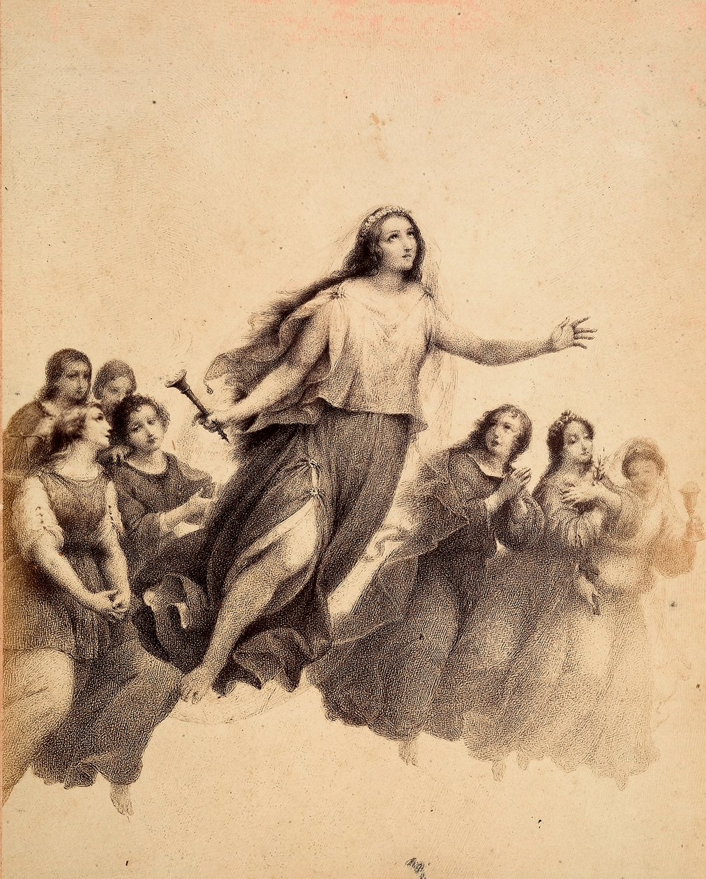 Santa Lúcia, com a tocha na mão, voa pelo firmamento do Empíreo, rodeada de jovens. Ilustração do Canto XXXII do Paradiso de A Divina Comédia de Dante Alighieri. Obra de Francesco Scaramuzza dedicada ao Município de Florença. de Unbekannter Künstler