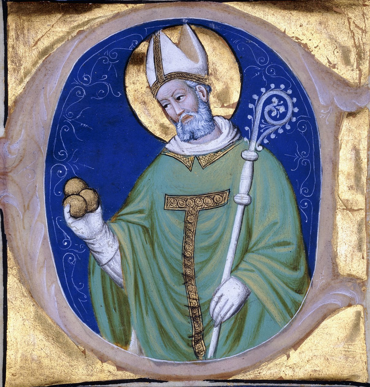 São Nicolau de Myra, inicial "C", historiada de um livro de coro iluminado sobre pergaminho, c.1400 de Unbekannt