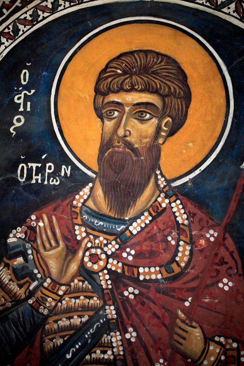 Santo Theodore Tiron: Afresco bizantino do século XIV (1332) Igreja Virgem de Phorbiotissa, Asinou Chipre Igrejas pintadas Site da UNESCO Troodos, Chipre de Unbekannt