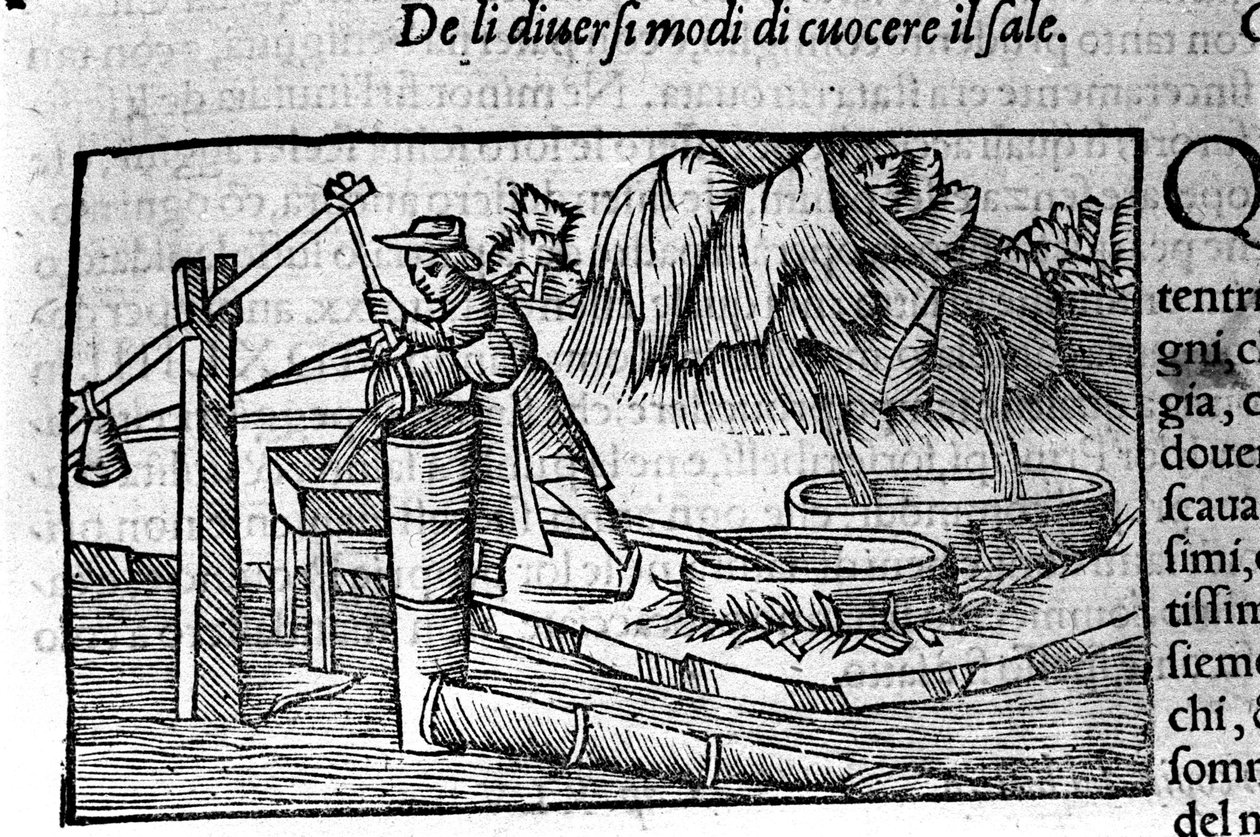 Produção de sal: cozimento. Gravura de Olaus Magnus (1490 - 1557), religioso e geógrafo sueco, "Historia de Gentis Septentrionalibus", Veneza de Unbekannt