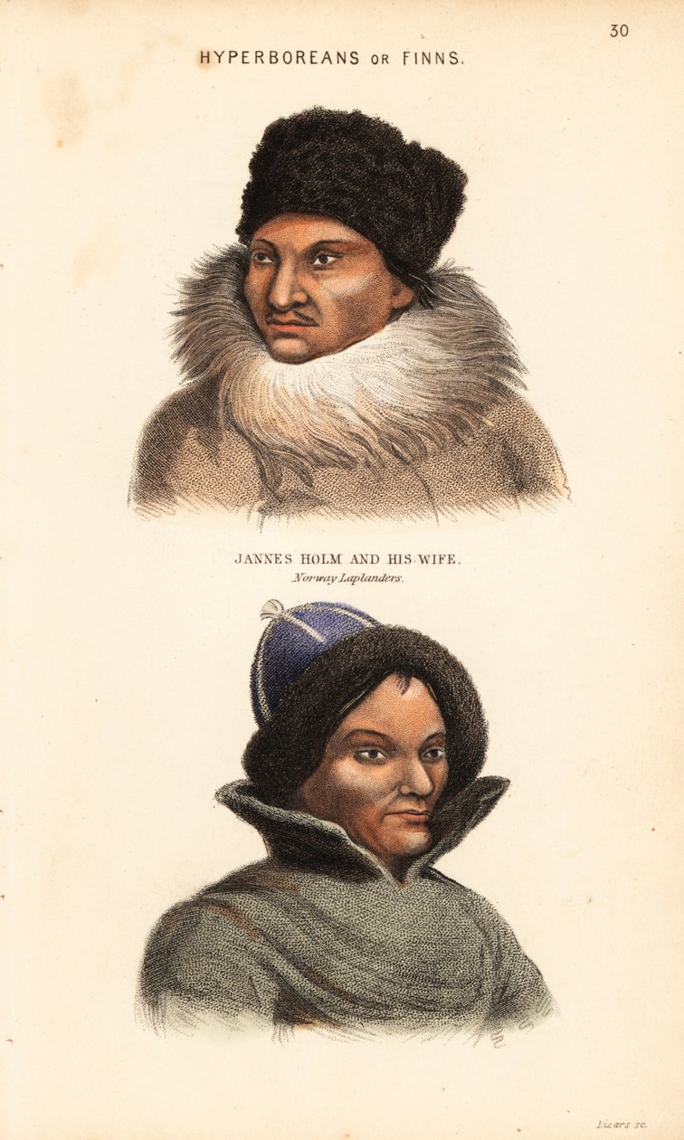 Povo Sami ou Lapão. Jannes Holm, com chapéu e gola de pele, e a sua mulher com chapéu de pele, habitantes da Lapónia norueguesa. Hiperbóreos ou finlandeses. Gravura em metal aço colorida à mão por Lizars a partir de uma ilustração de Charles Hamilton Smith de Unbekannter Künstler