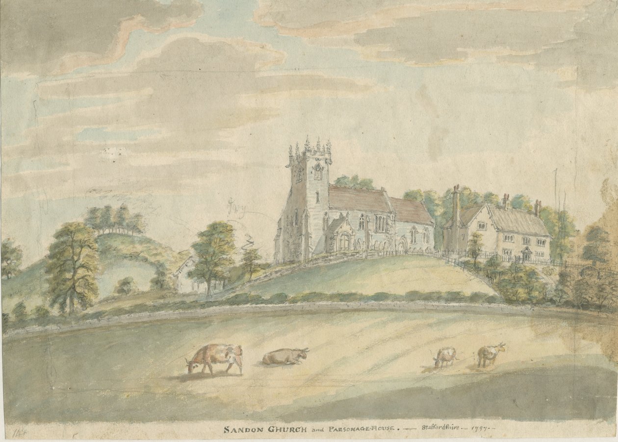 Sandon Church and Parsonage: pintura em aquarela, 1797 de Unbekannt