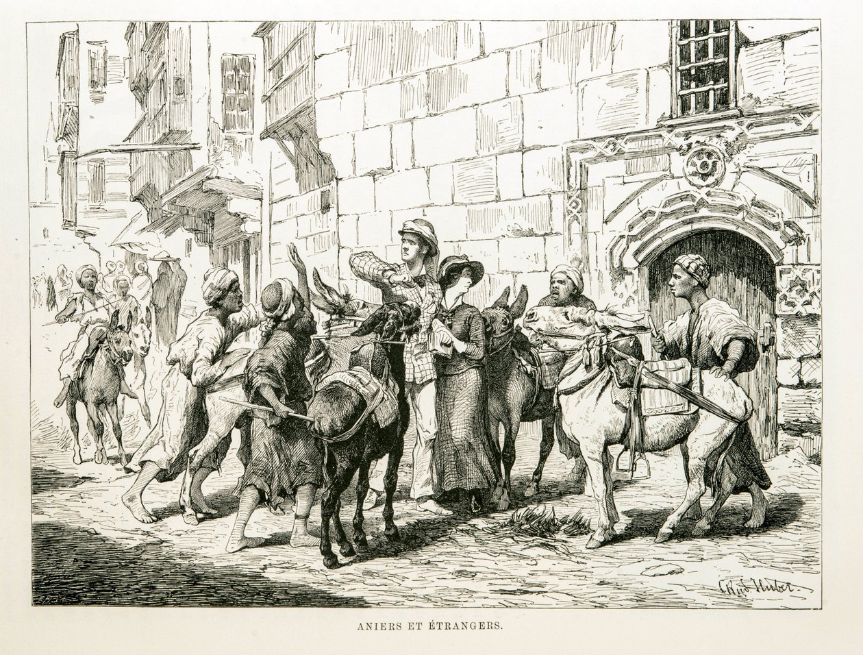 Desenho satírico retratando turistas ocidentais rodeados de burros e seus motoristas - Ilustração do Atlas do Egito de Unbekannt