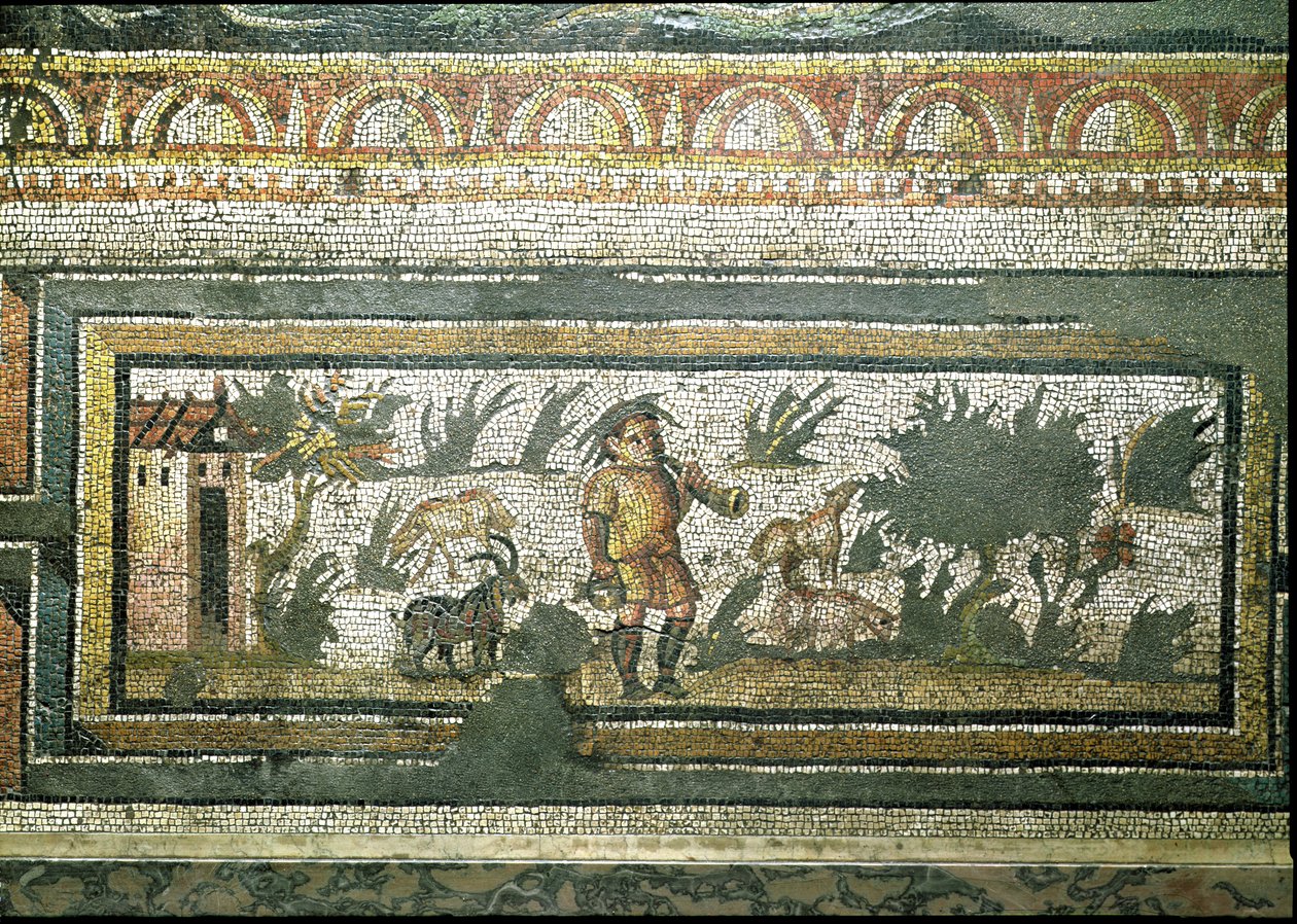 Cena de um pastor de cabras com as suas cabras, detalhe da fronteira a partir de um mosaico de pavimento representando as estações e cenas de caça, da Villa Constantina em Daphne, Roman, c.325-330 d.C. (mármore, calcário e vidro) de Unbekannt
