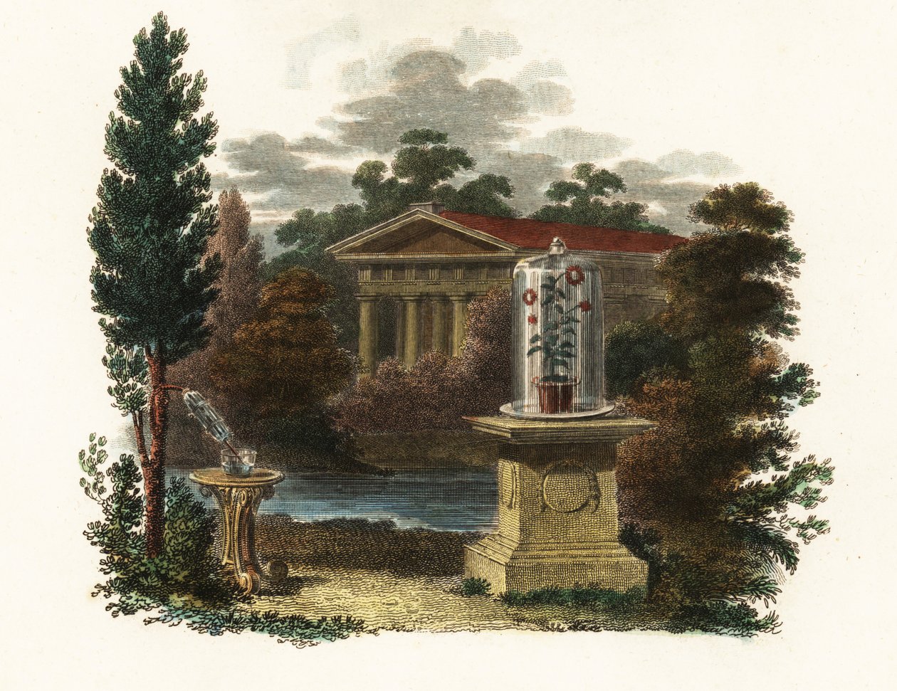 Invenções científicas de Stephen Hales num jardim.1802 (gravura) de Unbekannter Künstler