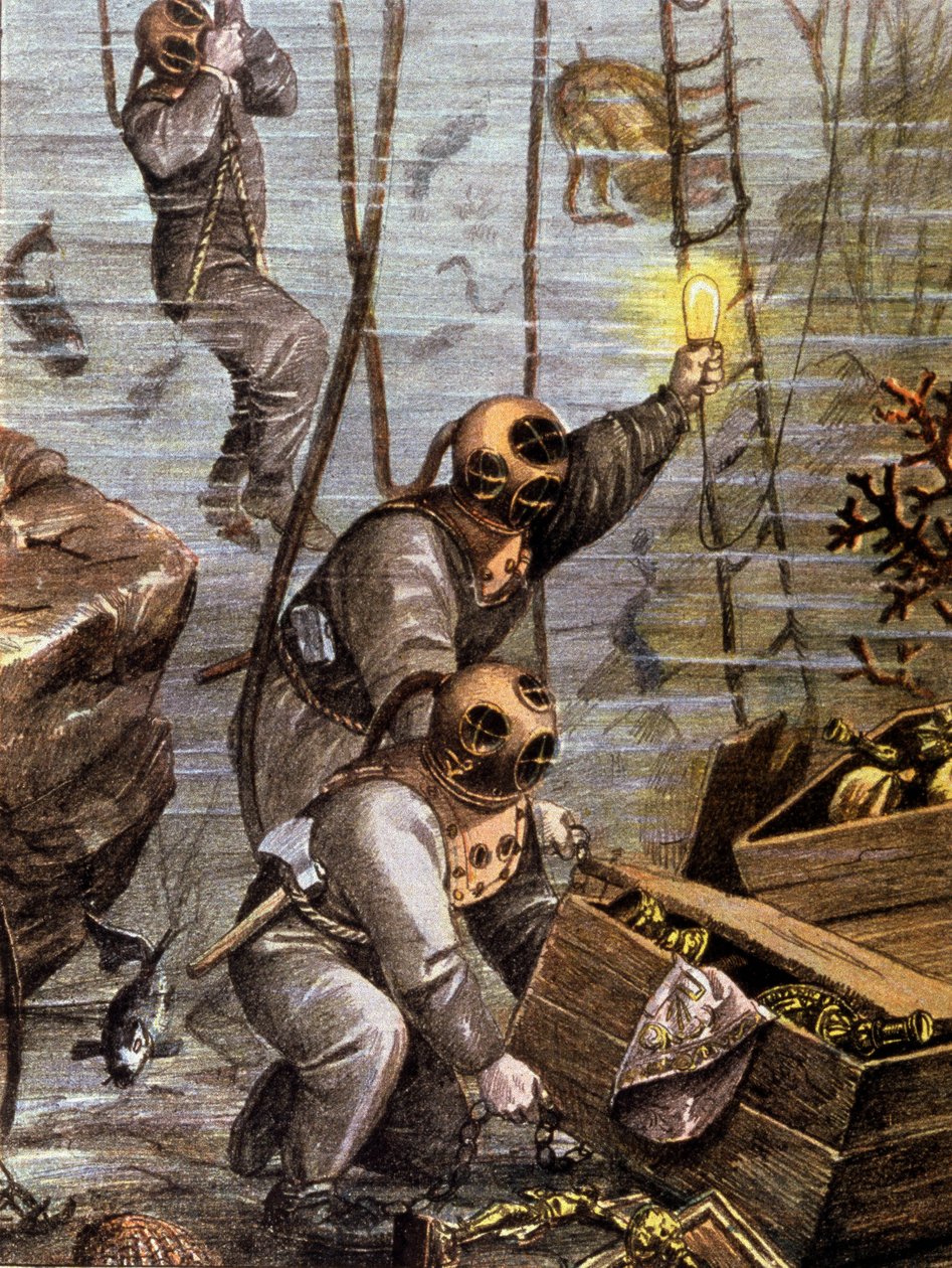 Mergulhador a descobrir um tesouro subaquático, início do século XX (ilustração) de Unbekannter Künstler