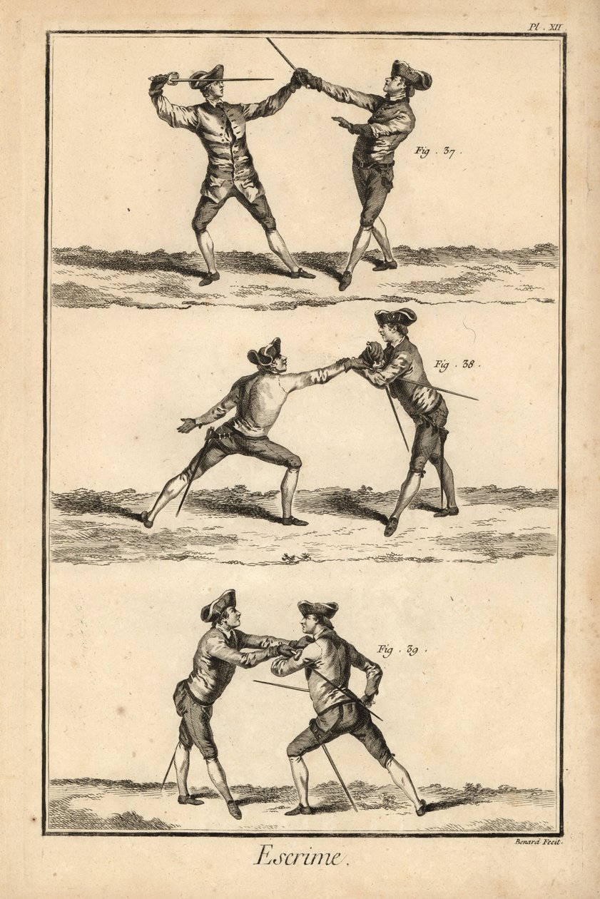 Segunda posição do desarme em tierce, desarme na carte ou seconde thrust, e segunda posição do desarme na carte. Gravura em talhe-doce de Robert Benard, da secção "Esgrima" da Enciclopédia de Denis Diderot, Pellet, Genebra de Unbekannter Künstler