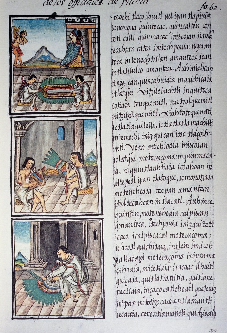 Conjunto de adornos e de toucado de imperadores, página do Codex Florentino, versão bilíngue em espanhol e nahuatl, História Geral das Coisas da Nova Espanha, do missionário espanhol Fray Bernardino de Sahagun. Civilização asteca de William M. Timlin
