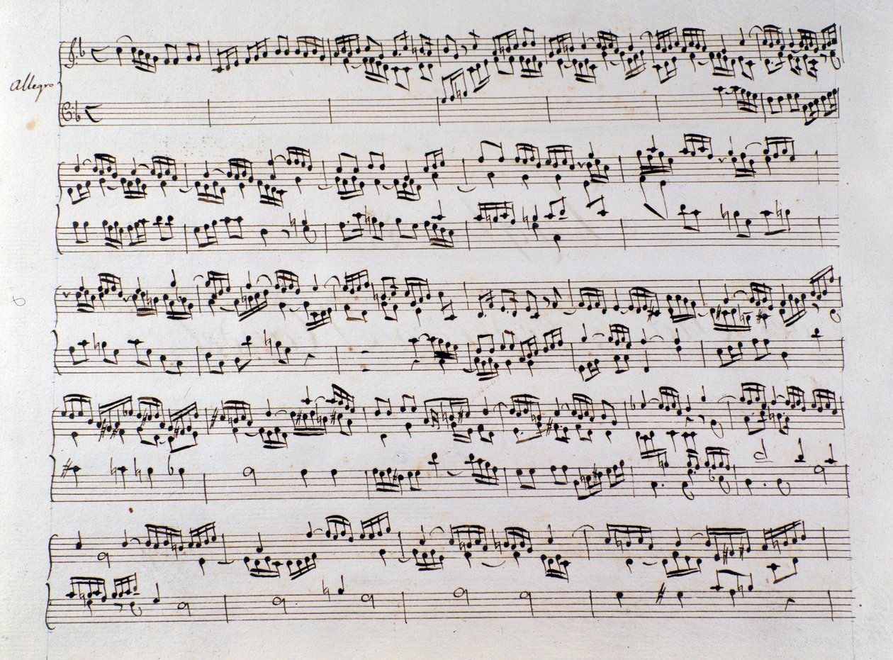 Página de partituras para Fuga de Handel de um manuscrito contendo duas obras de Domenico Scarlatti e Friedrich Handel de Unbekannter Künstler
