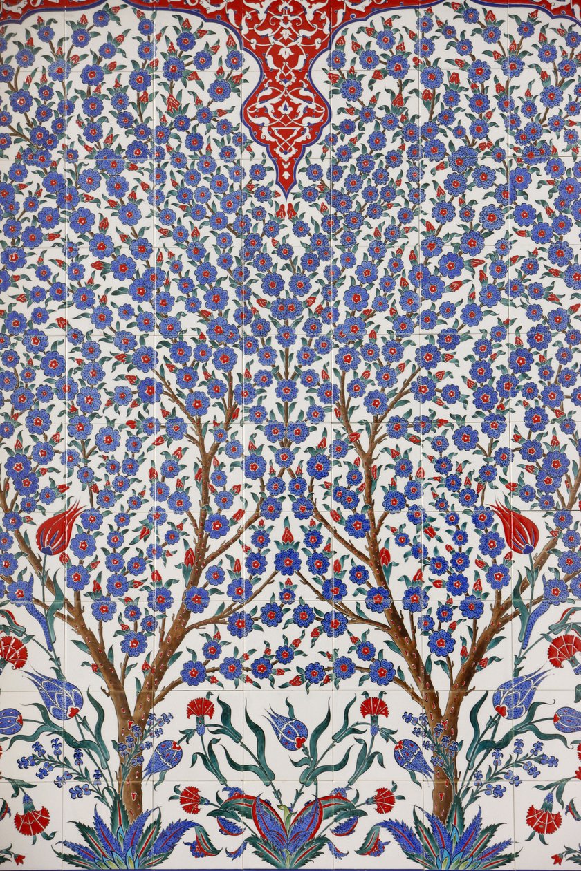Sheikh Zayed Grande Mesquita : Um dos 80 painéis de Iznik - azulejos de cerâmica altamente decorados, populares no século XVI - que se destacam nos edifícios imperiais e religiosos de Istambul, Abu Dhabi, Emirados Árabes Unidos. de Unbekannt