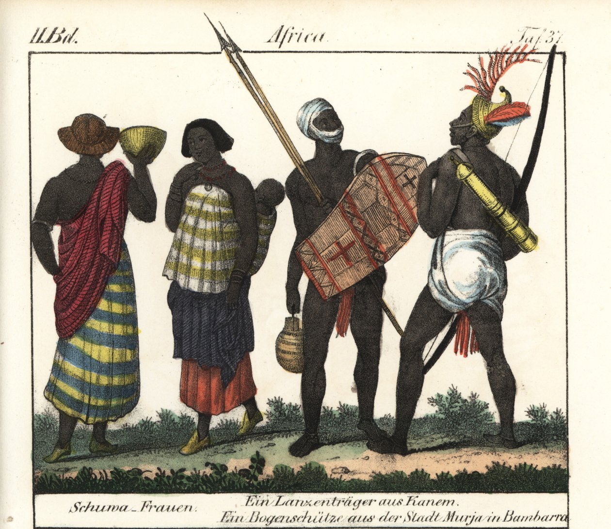 Mulheres Shoua com um bebé, uma lança e um arqueiro do Império Kanem (Chade e Líbia). Litografia para o livro: "Galerie complete en tableaux fideles des peuples d