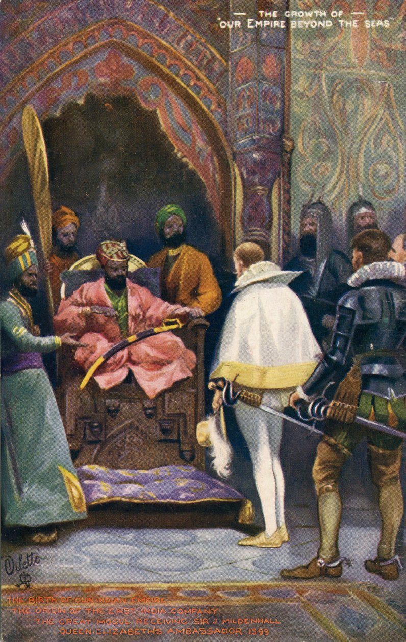 Sir J Mildenhall recebido por Akbar, o Grande, no início do século XX (cartão postal) de Unbekannter Künstler