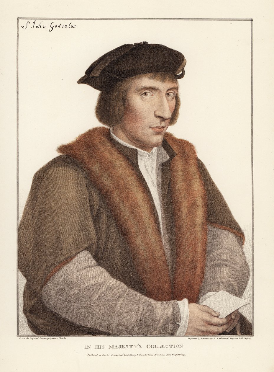 Sir John Godsalve, de Norwich, Norfolk, político inglês (falecido em 1556). Gravura em chapa de cobre colorida à mão, de Francis Bartolozzi, segundo Hans Holbein, a partir de Fac-símiles de desenhos originais de Hans Holbein, Hamilton, Adams, Londres de Unbekannter Künstler