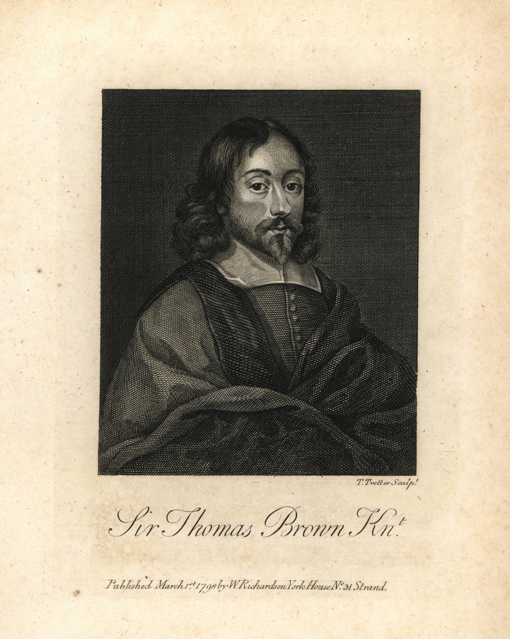 Sir Thomas Brown, polímata inglês e escritor sobre ciência, medicina, religião e esoterismo, falecido em 1682. Gravura em talhe-doce da obra "Portraits Illustrating Granger