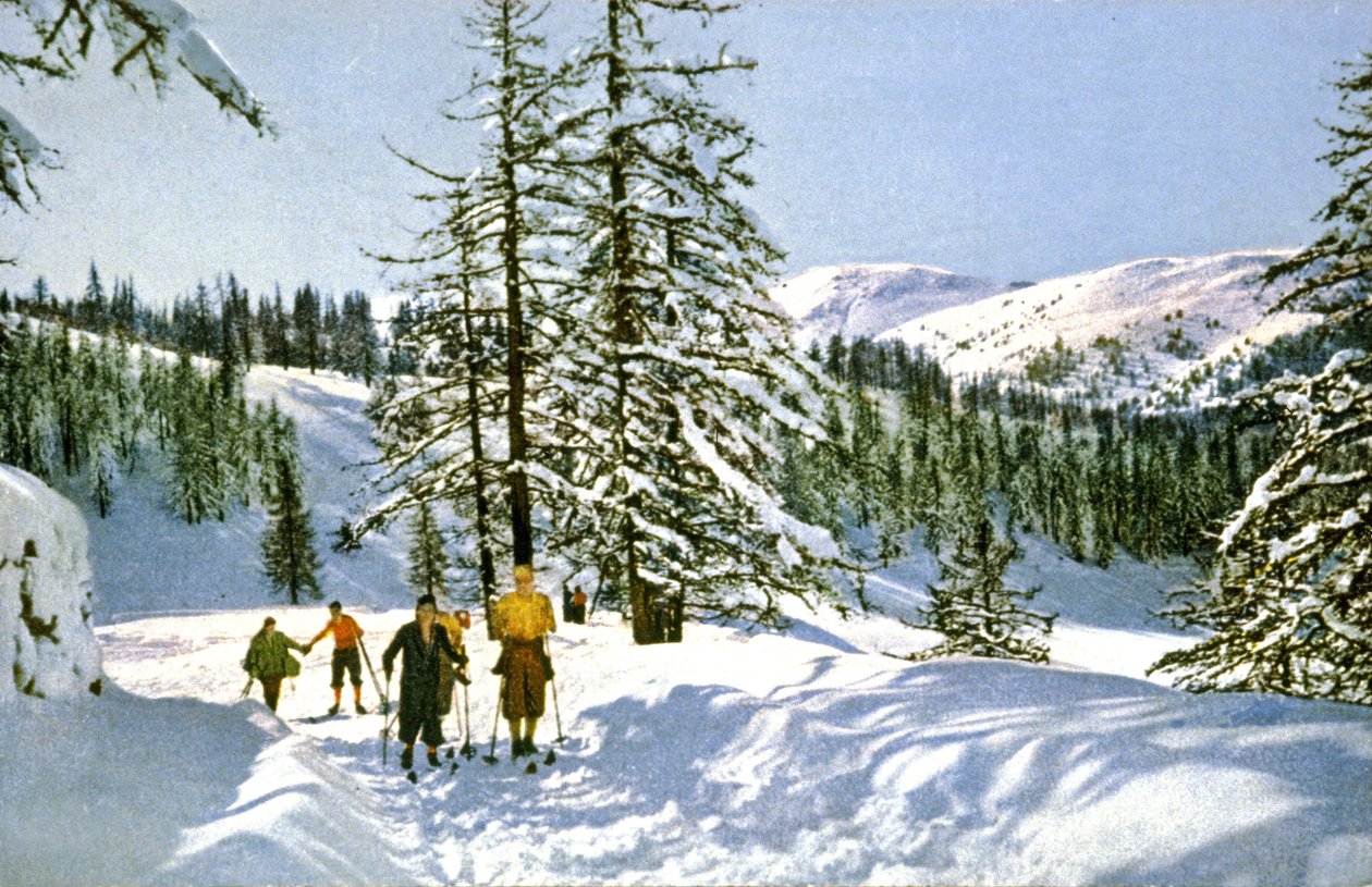 Caminhada de esqui na Riviera Francesa, c.1930 (Cartão postal) de Unbekannter Künstler