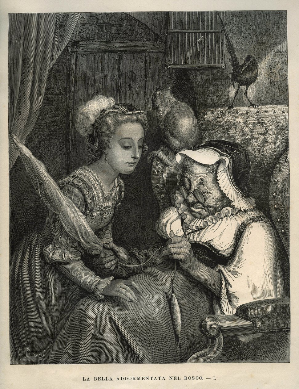 Bela adormecida: a princesa descobre uma velha mulher a girar lã. Gravura de Gustave Dore (1832-1883) de "Les contes" de Charles Perrault (1628-1703) de Unbekannt