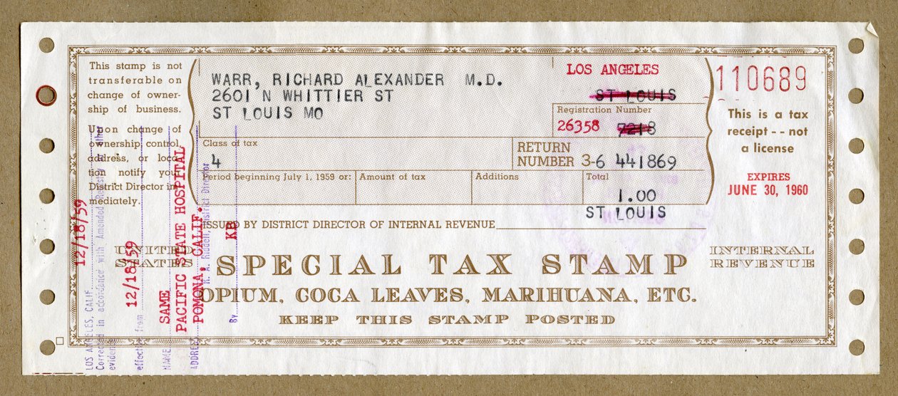 Selo fiscal especial para ópio medicinal, folhas de coca e marajuana de Unbekannt