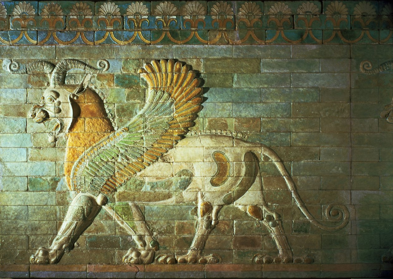 Esfinge, detalhe de um friso, Mesopotâmico, c.500 BC (tijolo policromo vidrado) de Unbekannt