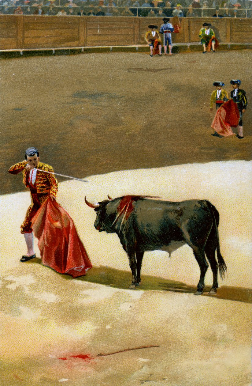 Desporto. Tauromaquia. O Matador a empurrar a espada: a estocada. Ilustração, Alemanha, c.1920. de Unbekannter Künstler