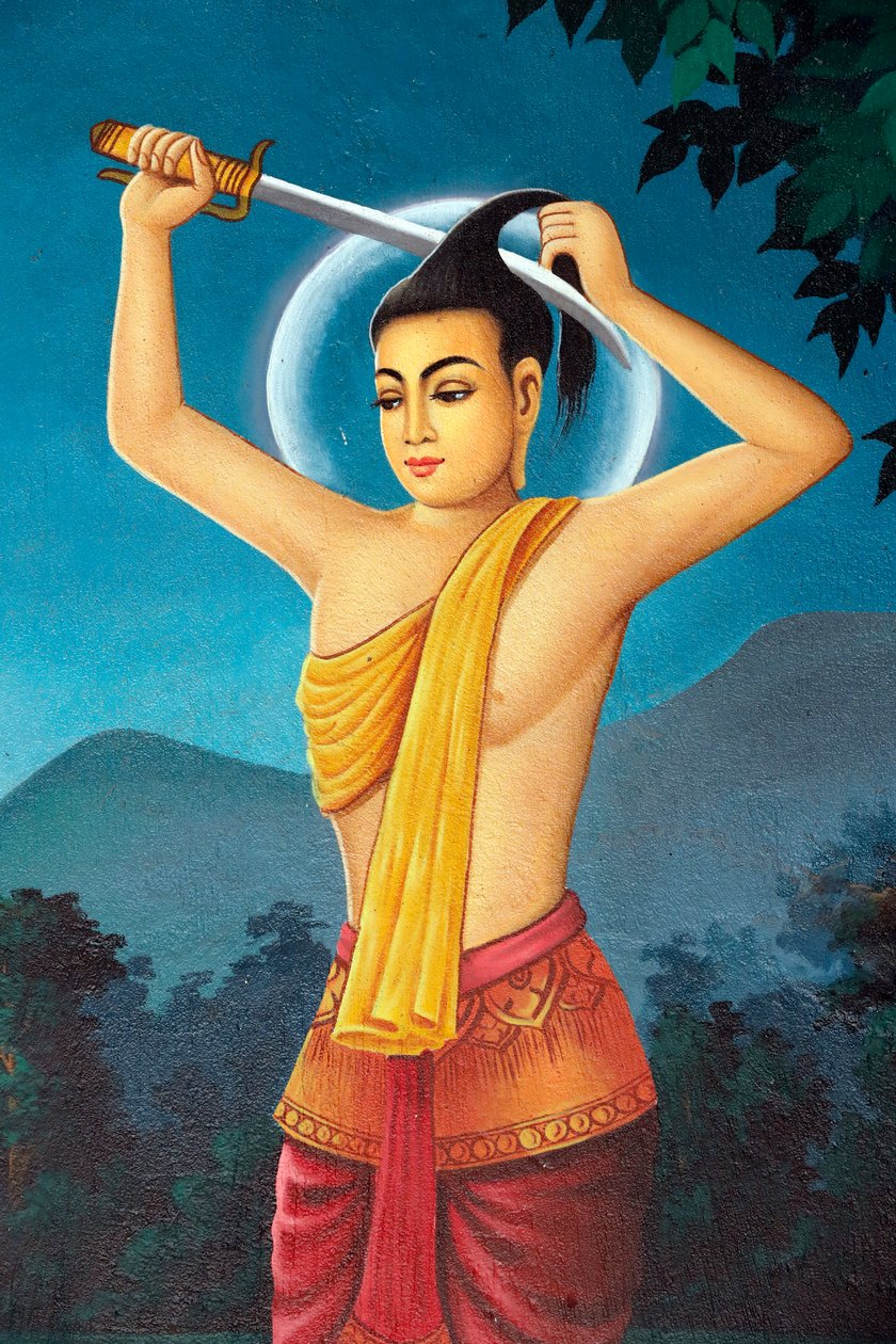 Mosteiro Budista Srahchork. Pintura retratando a história de vida de Shakyamuni Buda. O príncipe Siddhartha cortou o cabelo para renunciar à vida mundana na margem do rio Anoma. Phnom Penh. Camboja. (foto) de Unbekannt