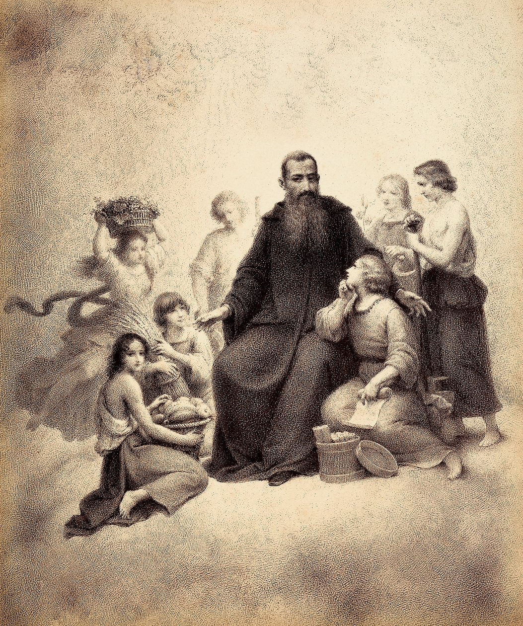 São Bento entronizado está rodeado de jovens com feixes de trigo e cestos de fruta. Ilustração do Canto XXXII do Paradiso da Divina Comédia de Dante Alighieri. Obra de Francesco Scaramuzza dedicada ao Município de Florença. de Unbekannter Künstler