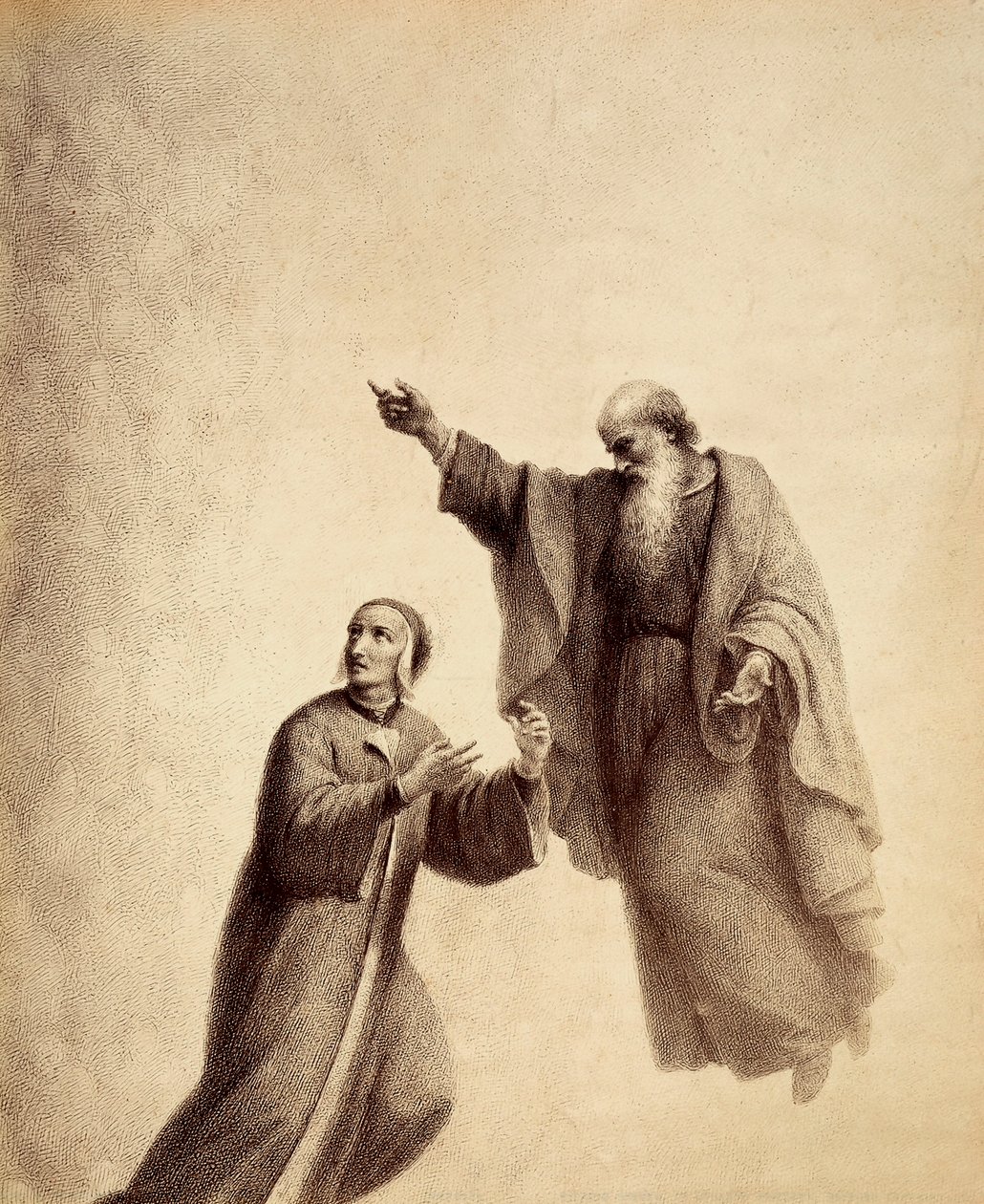 São Bernardo indica a Dante a Rosa dos bem-aventurados onde está sentada Beatriz. Ilustração do Canto XXXI do Paradiso da Divina Comédia de Dante Alighieri. Obra de Francesco Scaramuzza dedicada ao Município de Florença. de Unbekannter Künstler