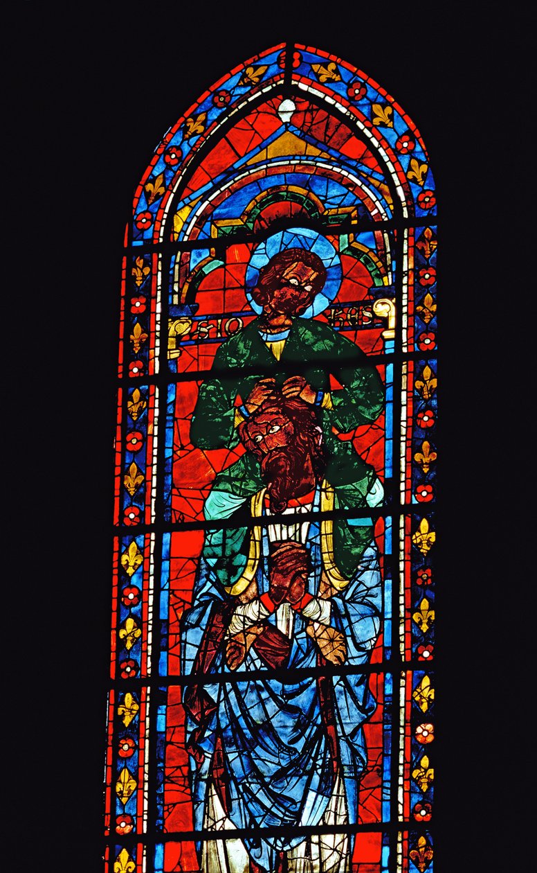 São João Evangelista montado nos ombros de Ezequiel, janela de lanceta no transepto sul, c.1217-25 (vidro manchado) de Unbekannt