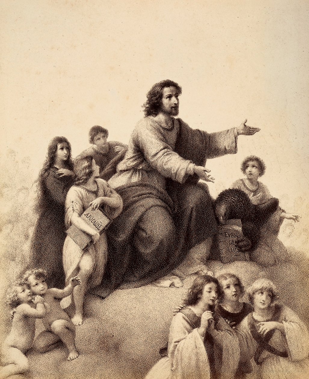 São João Evangelista, de braços estendidos, está rodeado de jovens e anjos; aos seus pés, uma águia tem nas garras o Evangelho; um jovem, à direita do santo, segura o livro do Apocalipse. Ilustração do Canto XXXII de Unbekannter Künstler