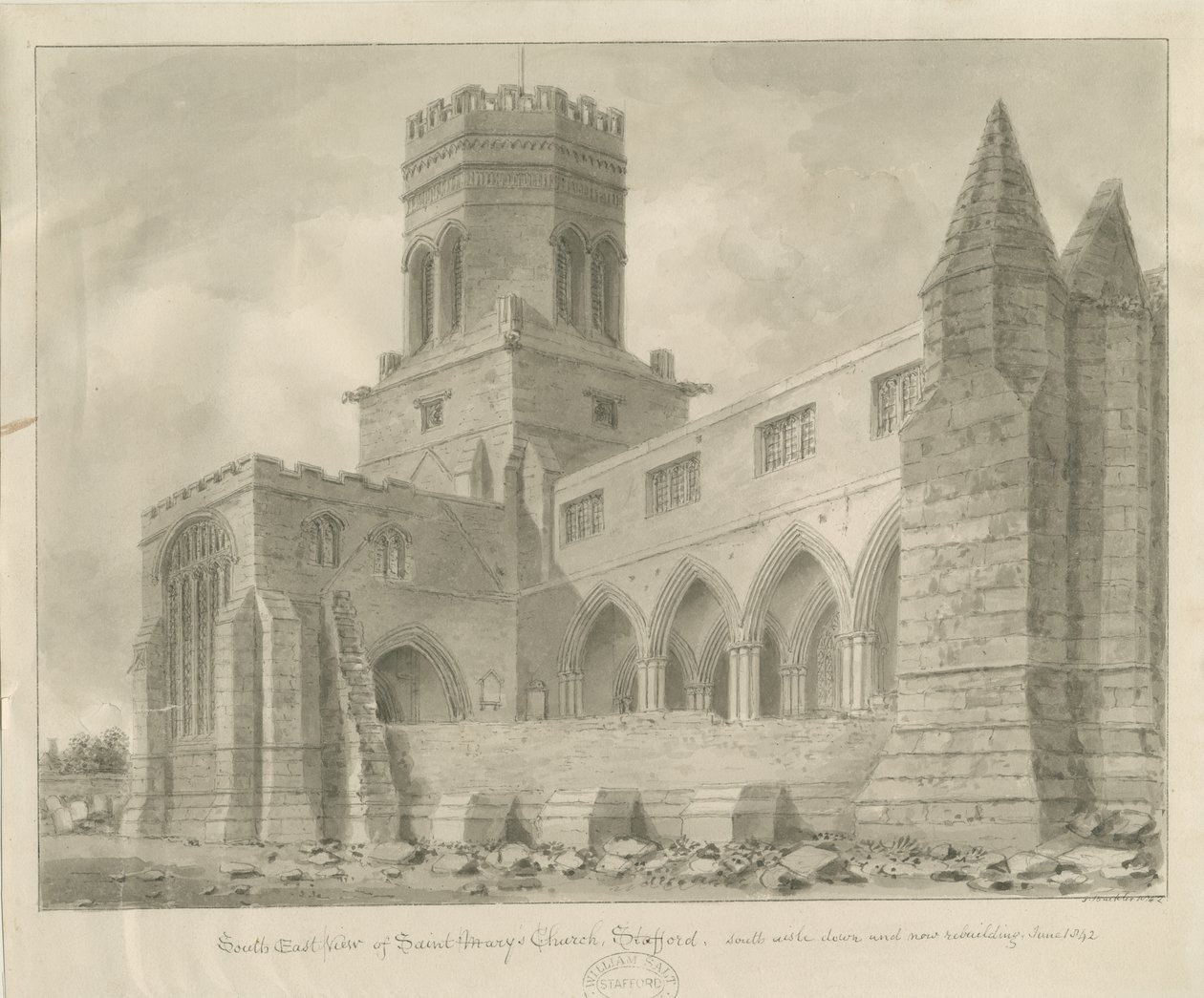 Stafford - Igreja de Santa Maria: desenho em sépia, junho de 1842 de Unbekannt