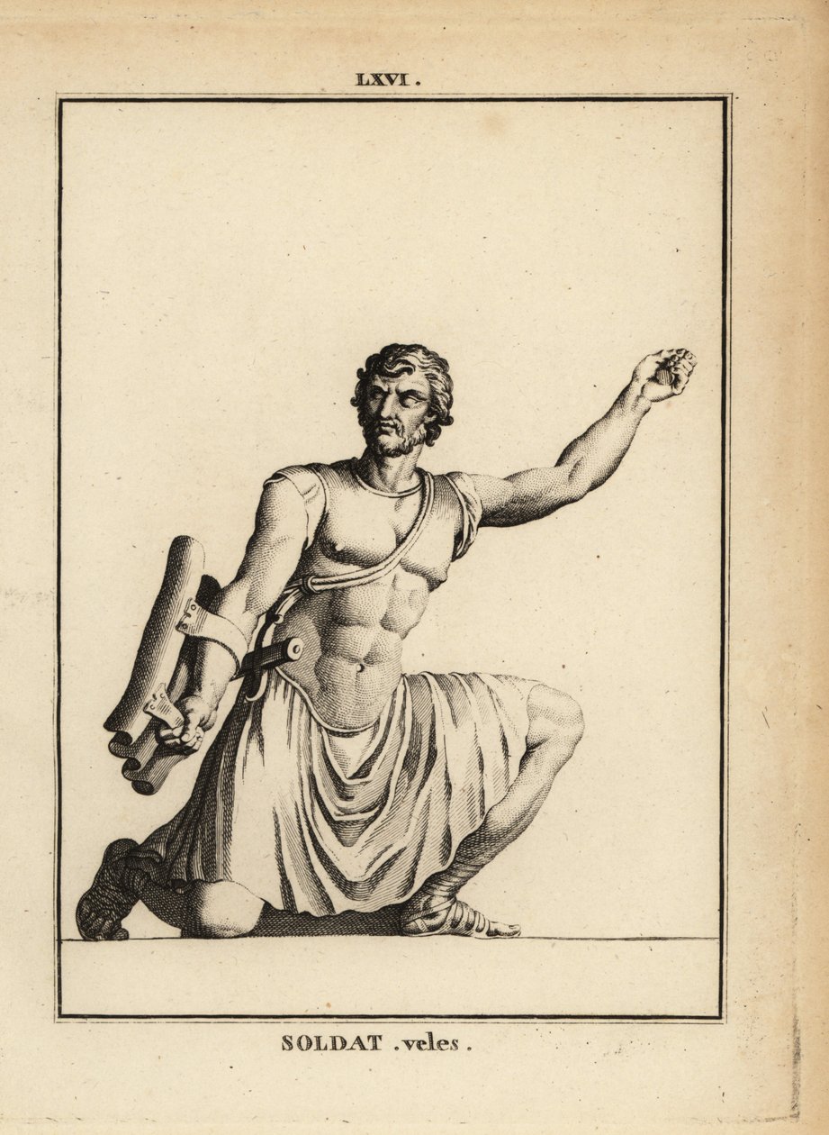 Estátua de um soldado romano, Velites ou infantaria ligeira, com espada de espada gladius, escudo de madeira parma de Unbekannt