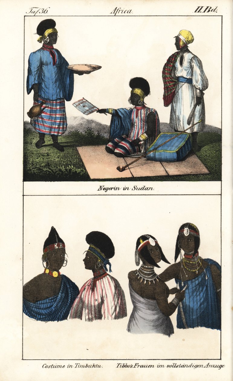 Mulheres sudanesas com vestido às riscas. Em baixo, mulheres de Timbuktu (Mali) e mulheres Tibbo do Sara. Litografia para o livro: "Galerie complete en tableaux fideles des peuples d
