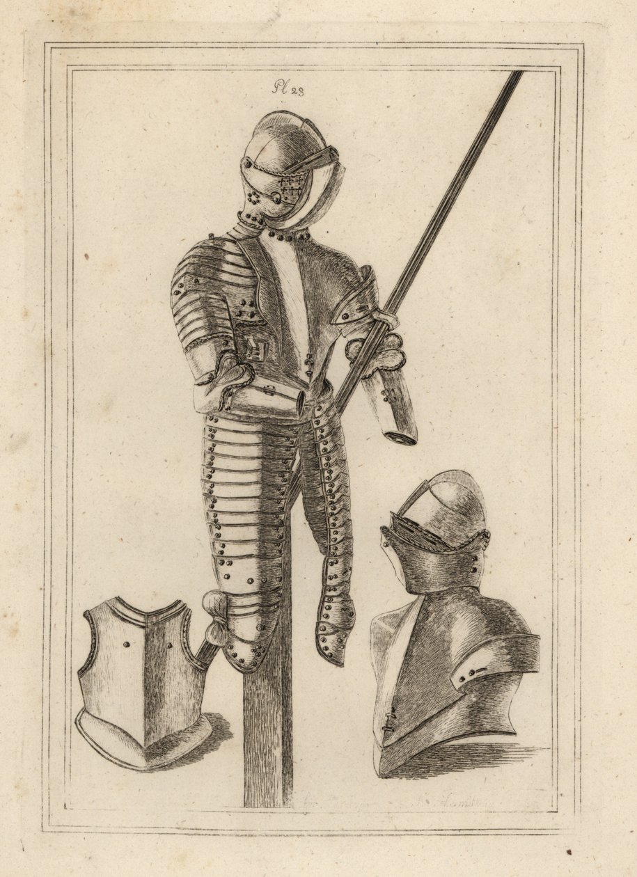 Fato de armadura basculante com grande guarda e descanso de lança da Torre de Londres 1, capacete e grande guarda 2, peça de peito de uma cuirass 3 de Unbekannt